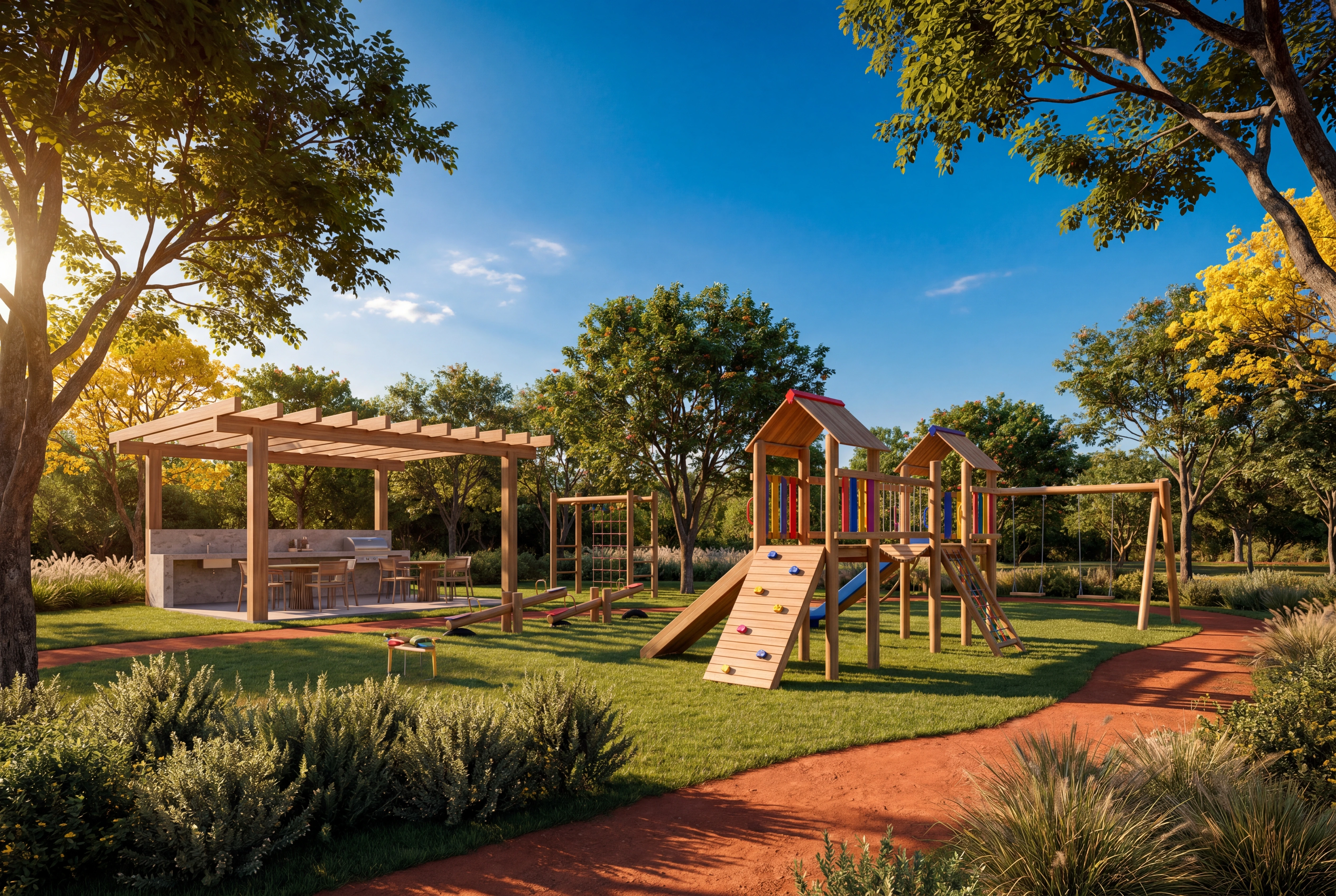 Playground moderno integrado ao jardim central